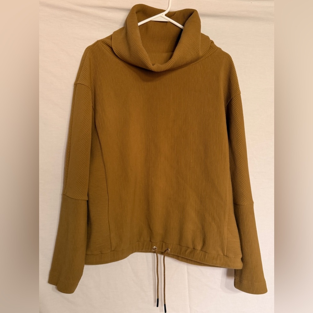 Varley Ribbed Cowl Neck Sweater in Mustard Brown